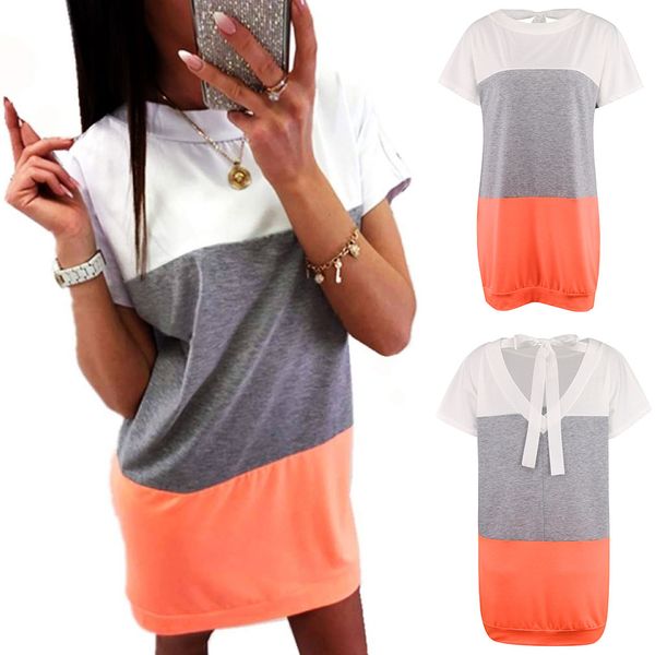 

Womens Mini Dress Short Sleeve Love Printed Summer Back V-Neck Beach Long Color Block Tops Loose T Shirt