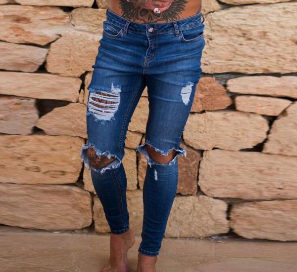

мужские рваные джинсовые джинсы skinny slim fit мужские брюки карандаш повседневные хип-хоп брюки с отверстиями, Blue