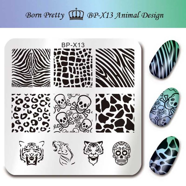 

born pretty stamp print stencils for nails 6*6cm square nail art stamping plates template animal design skull image plate bp-x13, White