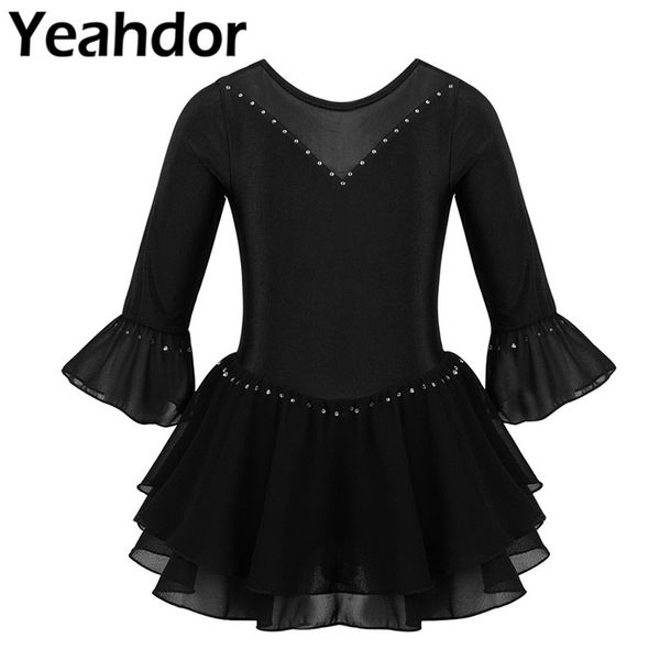

teens girls shiny 3/4 flare sleeves mesh splice rhinestone figure ice roller skating dress kids ballet dance leotard dress, Black;red