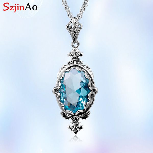 

szjinao gemstone pendants for women aquamarine pendant 925 sterling silver oval vintage christmas present fine viking jewelry