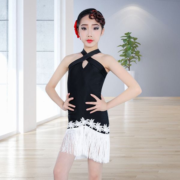 

latin dance dress children summer dance clothes sleevesless fringe skirt rumba girls performance dress kids latin, Black;red