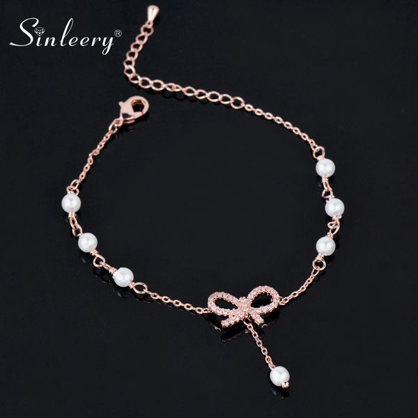 

sinleery chic bowknot charm bracelet rose gold silver color chain cubic zirconia imitation pearls bracelet for women sl455 ssb, Black