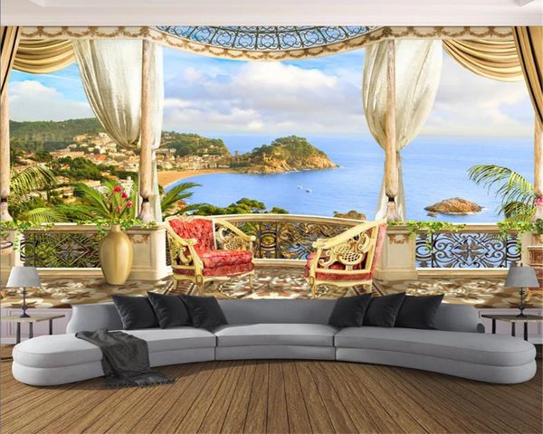 

пользовательские 3d обои морской пейзаж в европейском стиле балкон с видом на остров море премиум атмосферный интерьера обои