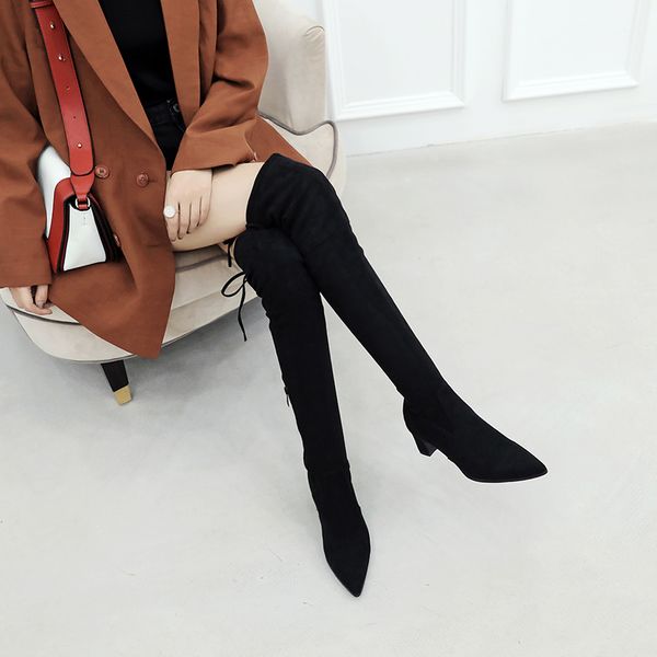 

size 33-43 new 2019 over the knee boots women faux suede thigh high boots platform stretch slim ladies women's winter, Black