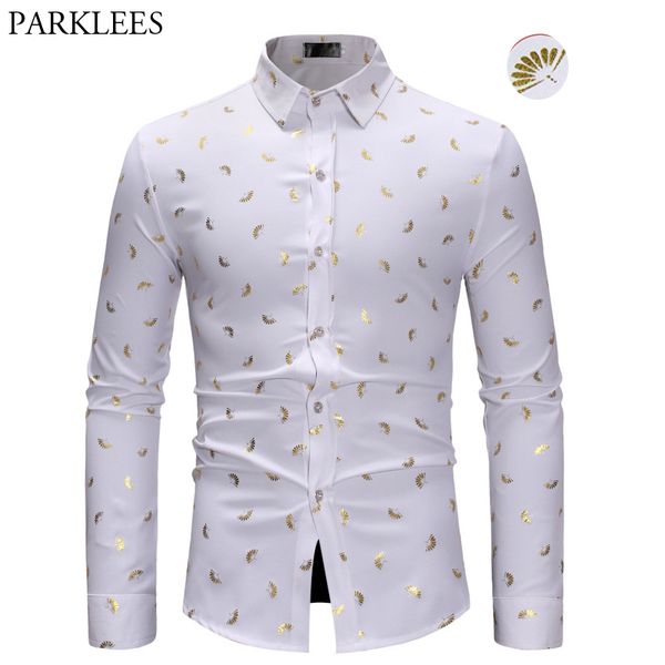 

stylish gold fan print whire men shirt slim fit long sleeve mens dress shirts casual button down party prom male social shirt, White;black