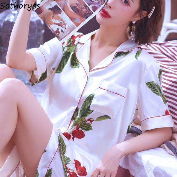 

pajama sets women soft elegant printed breathable comfortable cute sleepwear female summer housewear short sleeve korean style, Black;red
