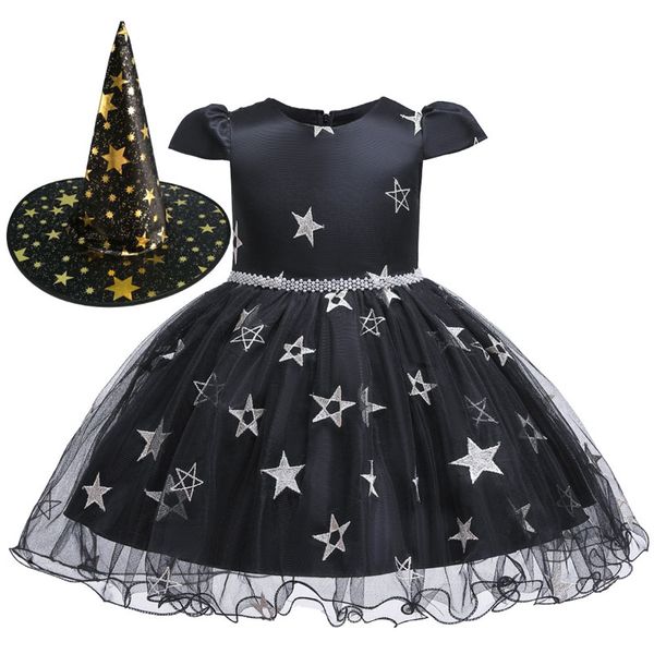 

girl halloween dresses ruffle gauze stars pearl bow sash cosplay dress with witch hat kids designer clothes girls baby girl dresses b11, Red;yellow