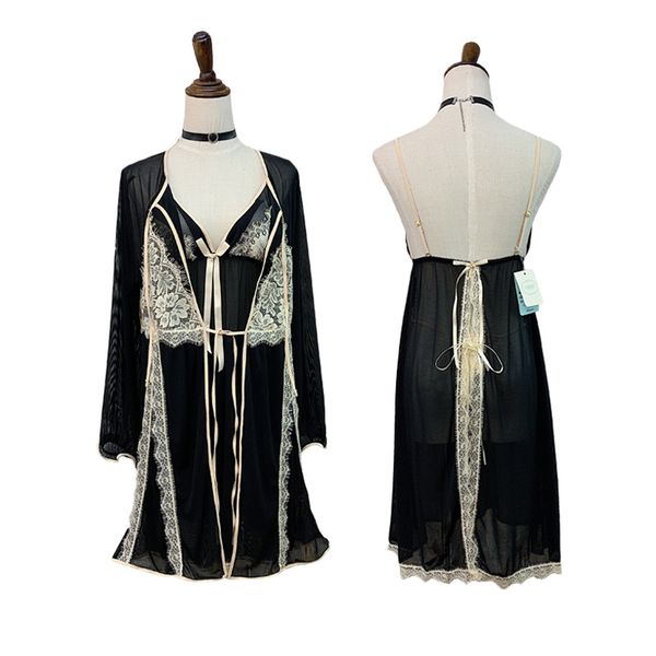 

three piece wedding robes spaghetti sleeveless lace chiffon custom made women lingerie nightgown pajamas sleepwear nightgown for women, White;pink