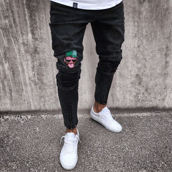 

black blue hip skinny jeans men ripped biker jeans destroyed frayed print embroidery slim fit denim pant homme clothes