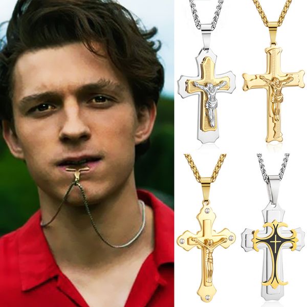 

layered catholic cross jesus pendants link chains necklaces stainless steel christ colar for men women jewelry collier, Silver
