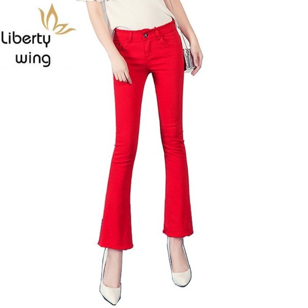 

spring new red tassel woman denim cotton stretch flare white black korean slim fit jeans femme ankle-length pants, Blue