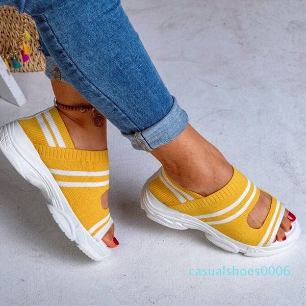 

sandra jrr women sandals summer wedges heel knit fabric shoes peep toe slip on stretchy shoes summer sneakers plus size female cc6, Black