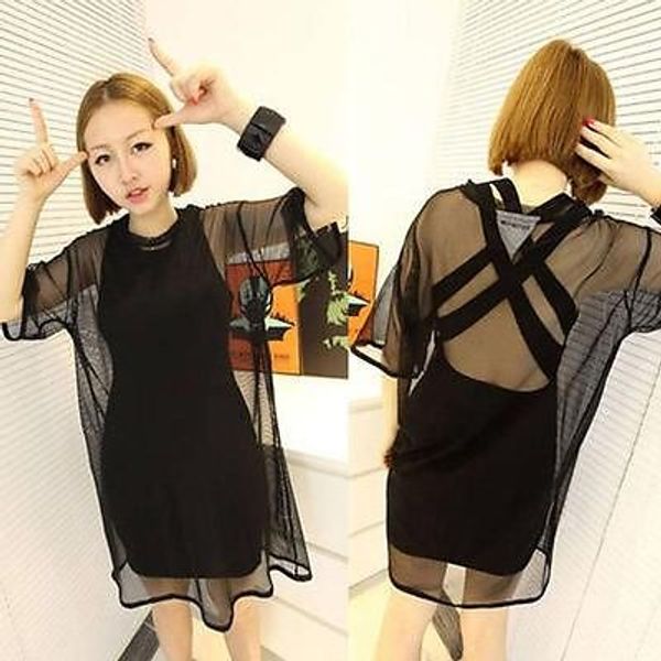 

womens see through sheer mesh short sleeve t shirt oversize black, White