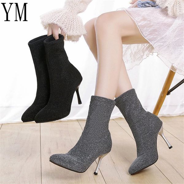 

winter high heel boots warm elastic socks boots thin heels winter shoes women's ladies fashion brand ankle snow c06, Black