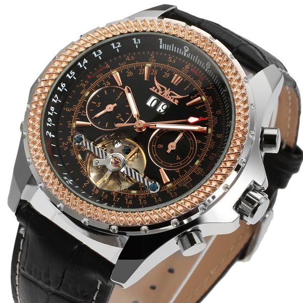 

jaragar new watches men auto mechanical watch 4 hands date/day clock men's wristwatch relogio masculino, Slivery;brown