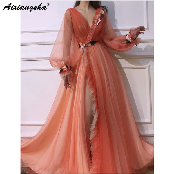 

muslim evening dresses 2019 a-line tulle high slit v-neck islamic dubai kaftan saudi arabic long sleeve evening gown prom, White;black