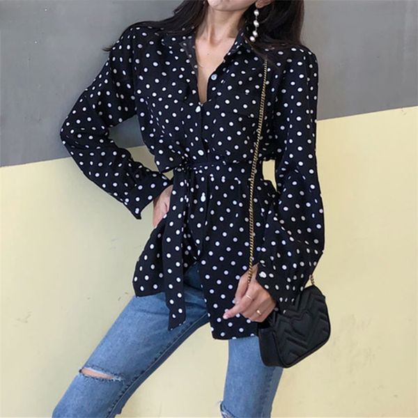 

women new spring summer blouse shirts pockets single breasted dot casual notched lace up office lady 2020, White