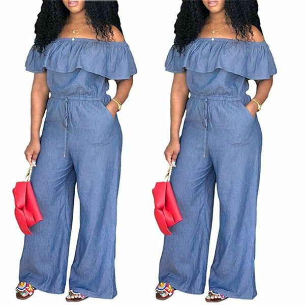 

new casual women bodycon jumpsuit jeans denim rompers ladies autumn casual back zipper ruffle jumpsuits overalls trousers pants, Black;white