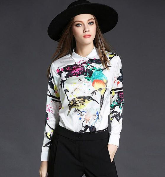 

spring summer flora birds printing long sleeve blouses single-breast ol style white shirts lapel neck women shirts