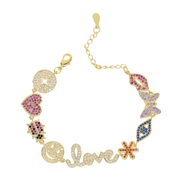 

luxury fashion women jewelry gold filled colorful cz lip butterfly heart cute lovely lucky charm bracelet, Golden;silver