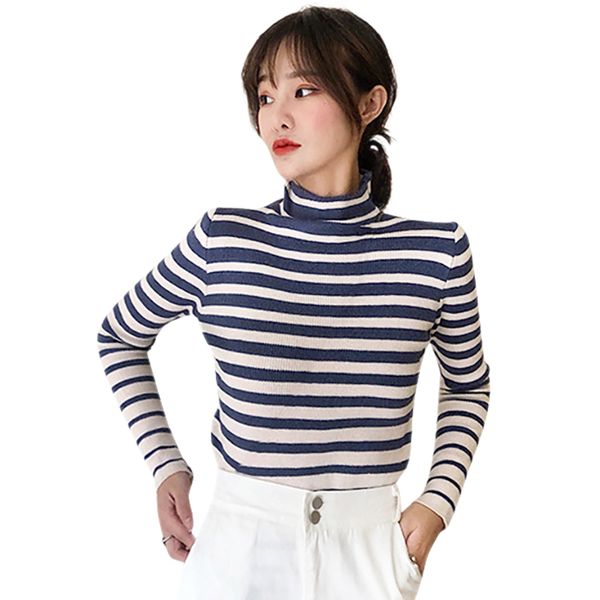 

casual stripe pattern knitted pullover autumn winter new turtleneck long-sleeved sweater, White;black