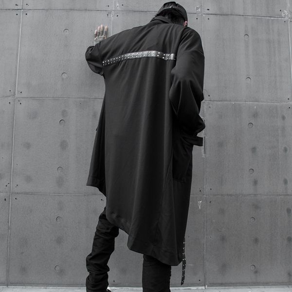 

men long jacket cloak loose casual asymmetric trench coat male streetwear hip hop punk gothic cardigan outerwear stage clothing, Tan;black
