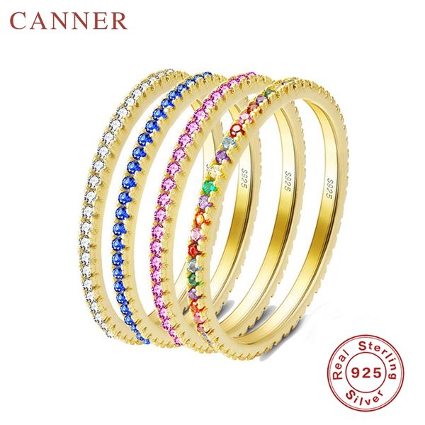 

simple trendy 925 sterling silver rings for women multicolor mini rainbow zircon single row drill wedding rings fashion jewelry, Slivery;golden