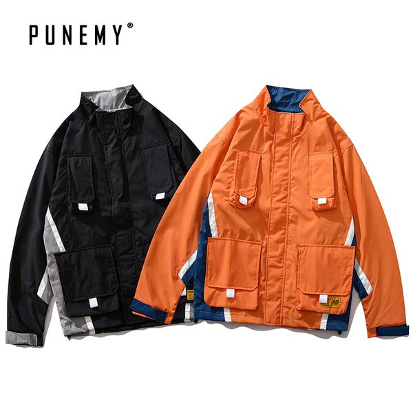 

men jackets coats windbreaks multi-pockets oversize harajuku hip hop japanese streetwear autumn stand-collar man's cargo jackets, Black;brown