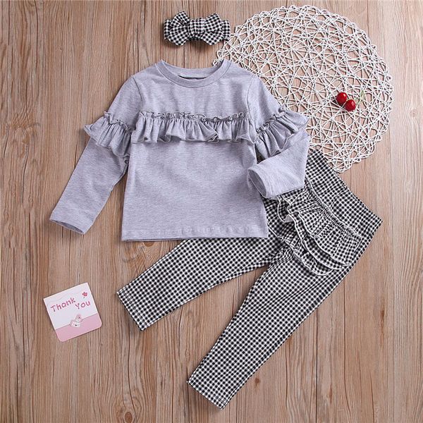 

girl kids clothes set long-sleeved round-necked black white checked trousers+bow headband 3pieces sets kids designer clothes girls jy581
