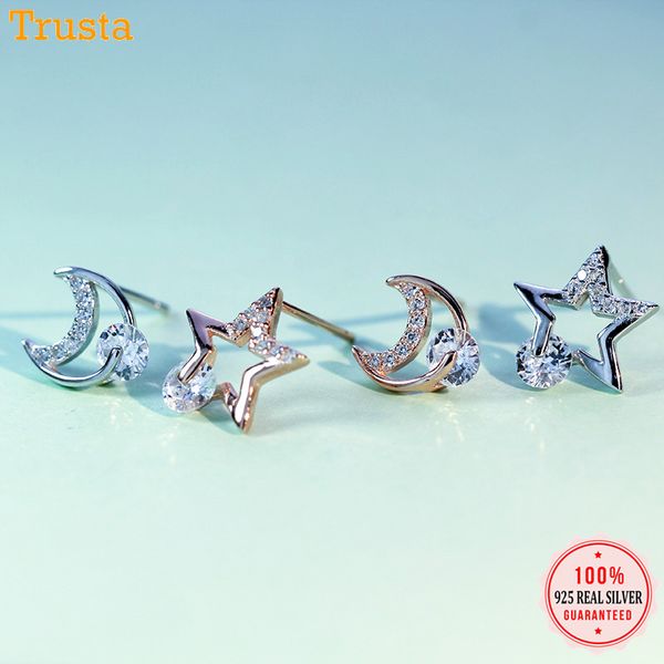 

trustdavis 100% 925 sterling silver dazzling asymmetric moon star cz stud earrings for daughter girls xmas wedding gift dt65, Golden;silver