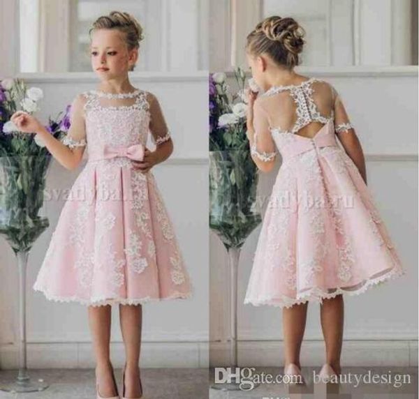 

2017 baby pink short flower girls dresses for weddings lace applique short sleeve knee length little kids girls first communion dress, White;blue
