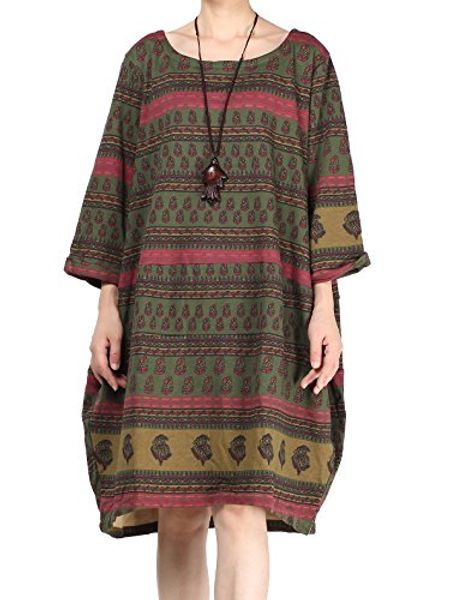 

mordenmiss women's ethnic elbow sleeve knee high baggy dress loose pullover, Black;gray