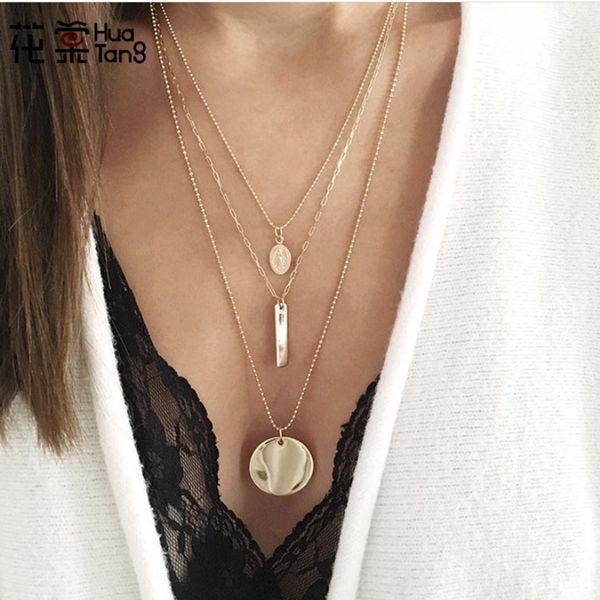

huatang gold circle carve portrait pendant necklace women multi layer chain chokers long necklace jewelry collares b37206, Silver
