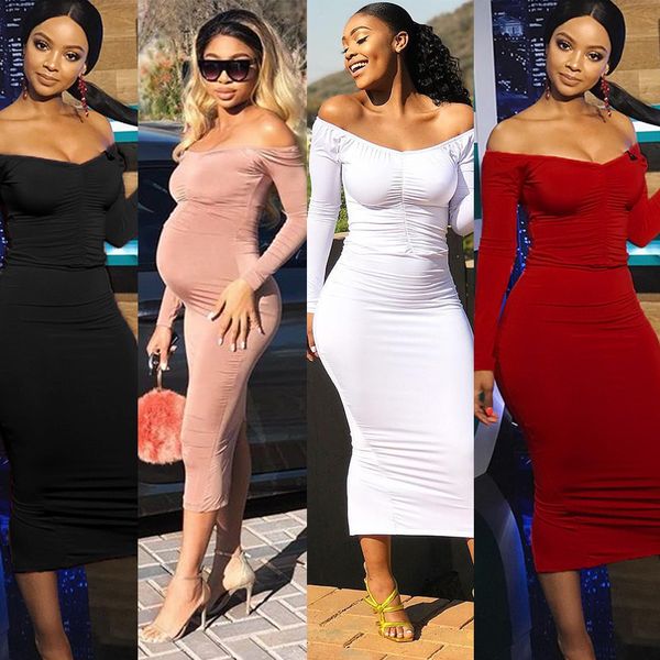 

off-the-shoulder collar long-sleeved tight-fitting dress with solid color hip bandage skirt pregnat casual dresses skirts, Black;gray
