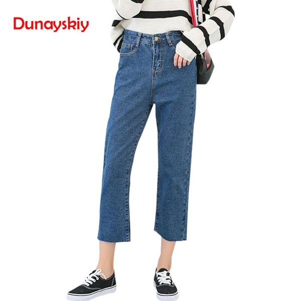 

high waisted jeans female raw edge ankle length straight loose denim pants 2019 new summer spring casual blue solid color s-2xl