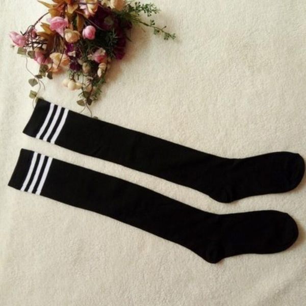 

girl sports tennis socks cotton socks striped women elastic over the knee students cheerleaders college wind long sports, Black