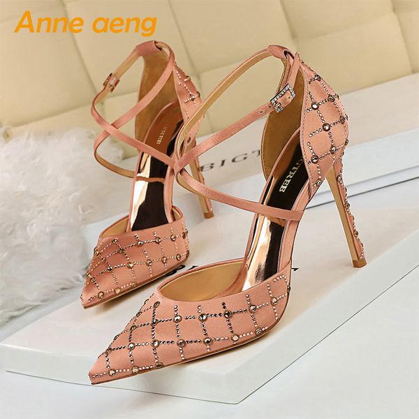 

2020 new summer women ankle strap sandals high thin heel pointed toe bling crystal party ladies women shoes brown high heel, Black