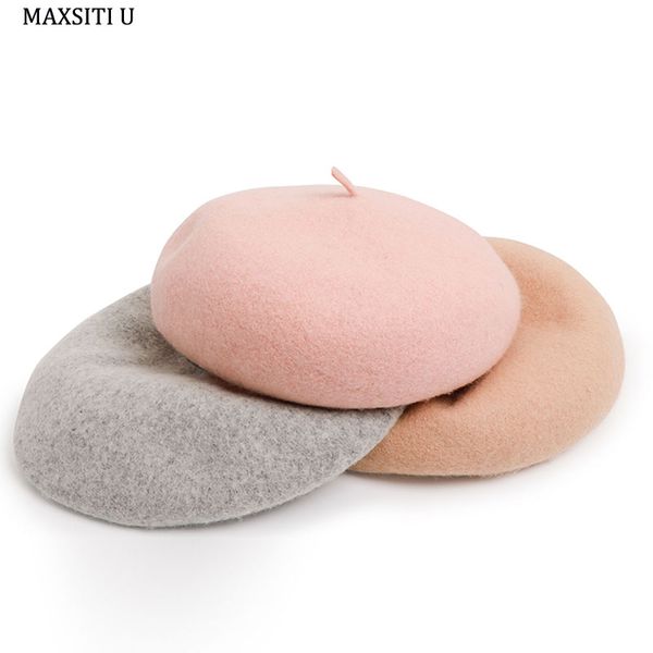 

maxsiti u pure color wool beret female winter vintage artist cap warm hat, Blue;gray