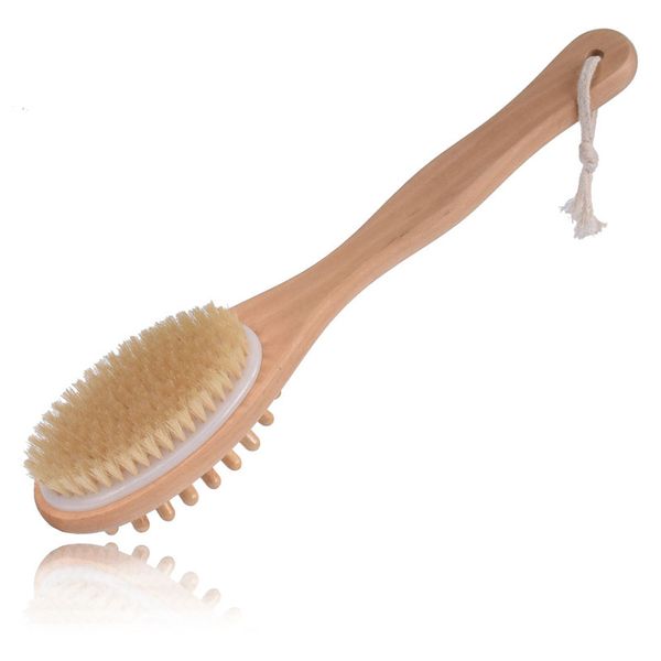 

natural bristles body brush scrubber with long wooden handle two sides bath massage brush for spa shower
