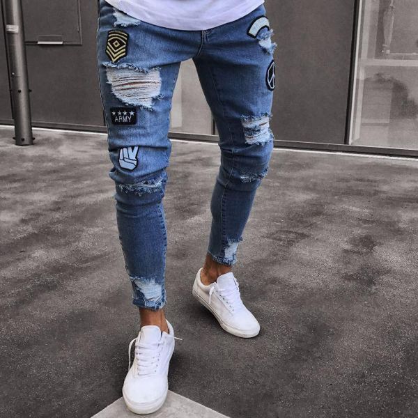 

jeans men's hole embroidered jeans slim men trouser casual thin summer denim pants classic cowboys young men's clothing black blue