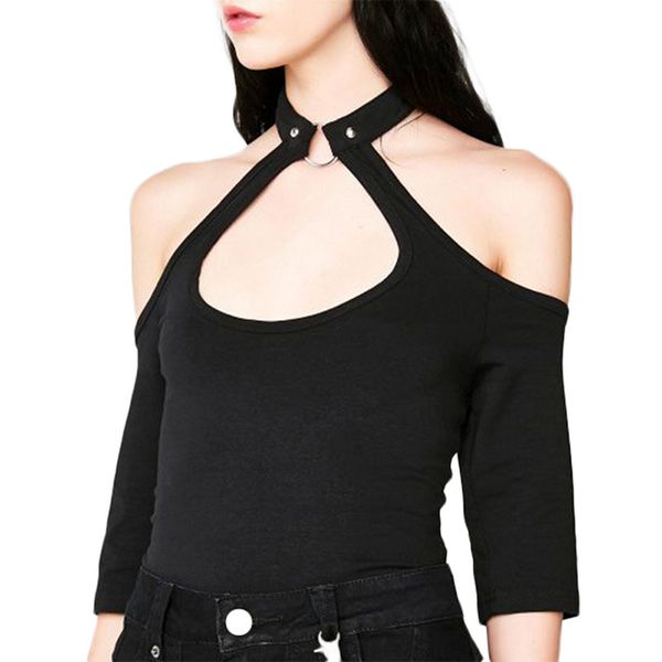 

droppshiping women gothic cold shoulder halter neck punk crop vest shirts t-shirt j55, White