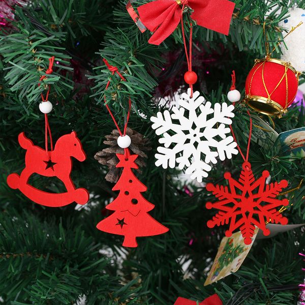 

6pcs/set white&red snowflakes christmas wooden pendants ornaments for xmas tree ornaments christmas party decorations kids gift