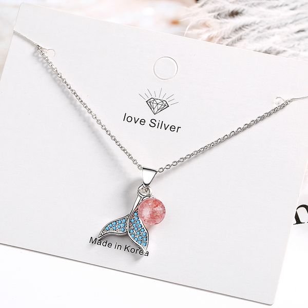 

anenjery simple mermaid fishtail silver necklaces with natural strawberry crystal cubic zirconia jewelry for women gifts s-n450