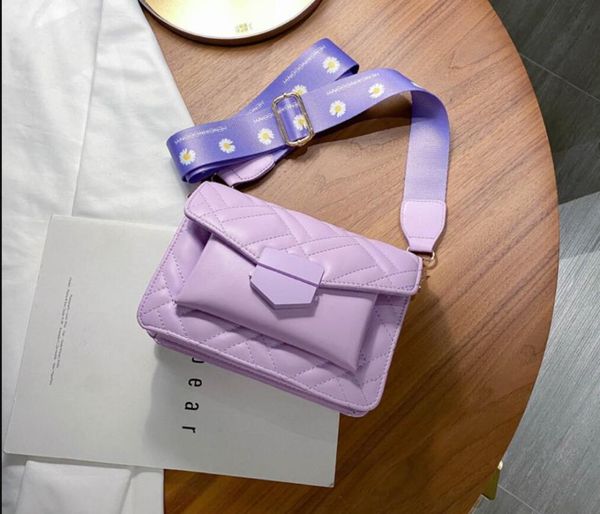 

2020 summer new fashion solid color wide shoulder messenger bag female all-match embroidery lock buckle shoulder square bag