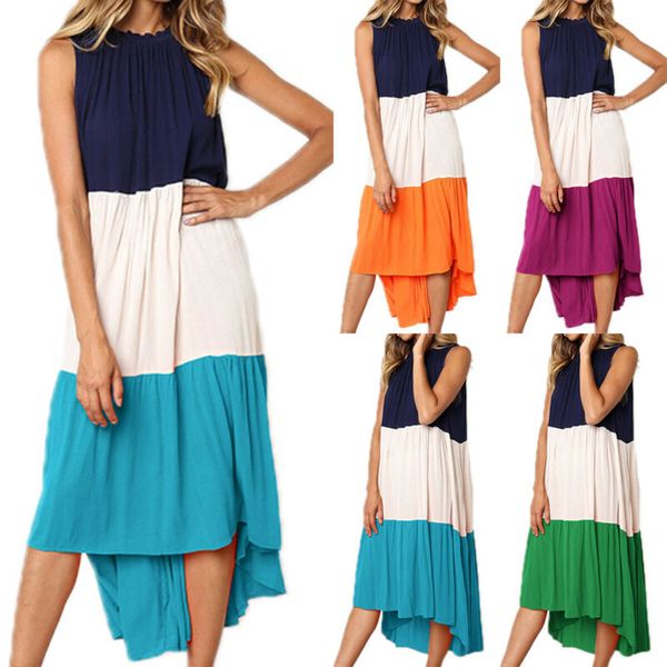 

women's sleeveless patchwork dresses beach party loose forktail pleated sundress, Black;gray
