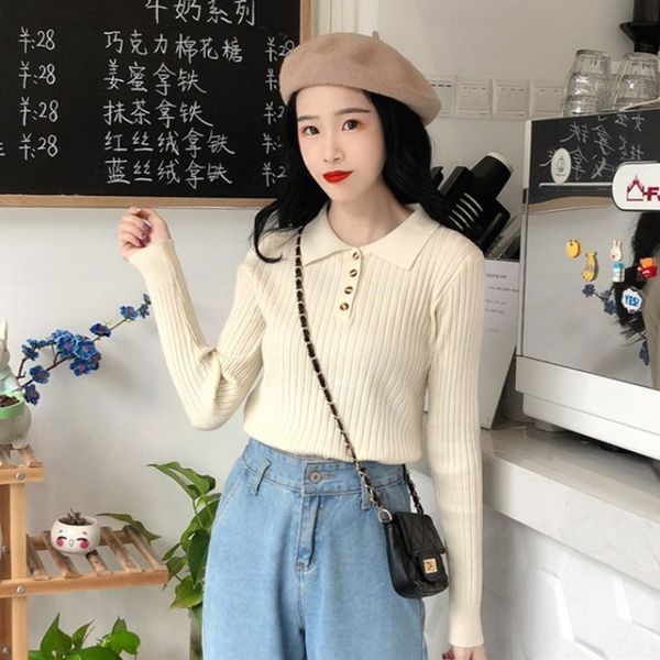 

spring autumn korean thin sweaters women turn-down collar long sleeve solid color slim pullovers female casual basic jumper, White;black