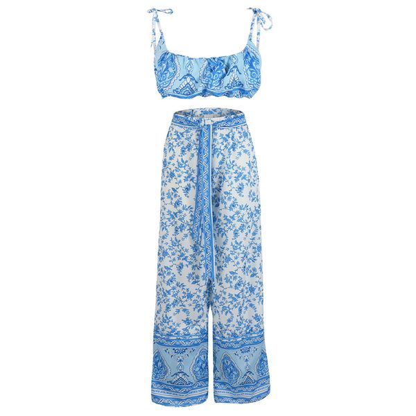 

print trousers elastic waist summer sling casual suit sleeveless strap loose two-piece wrapped ankle-length fashion, White