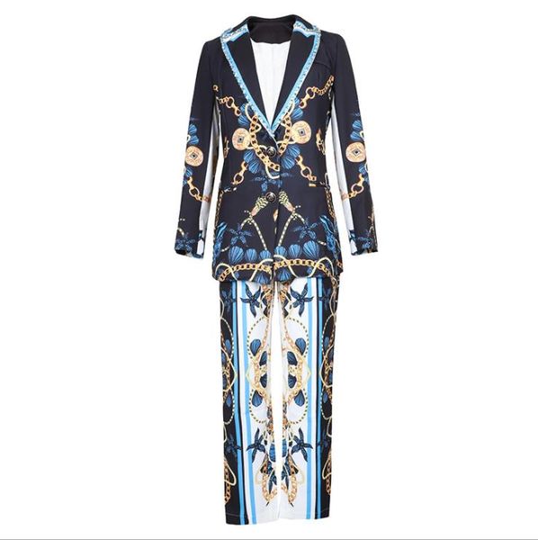 

european and american women's winter 2019 new style long sleeve beaded lapel jacket nine minutes of pants printed suit, White