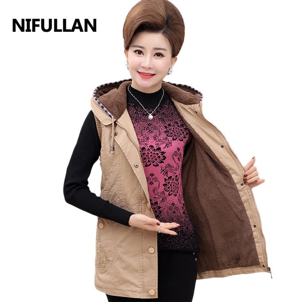 

nifullan women autumn spring cotton vest waistcoat with velvet casual mother sleeveless jacker coat plus size 5xl hooded outwear, Black;white